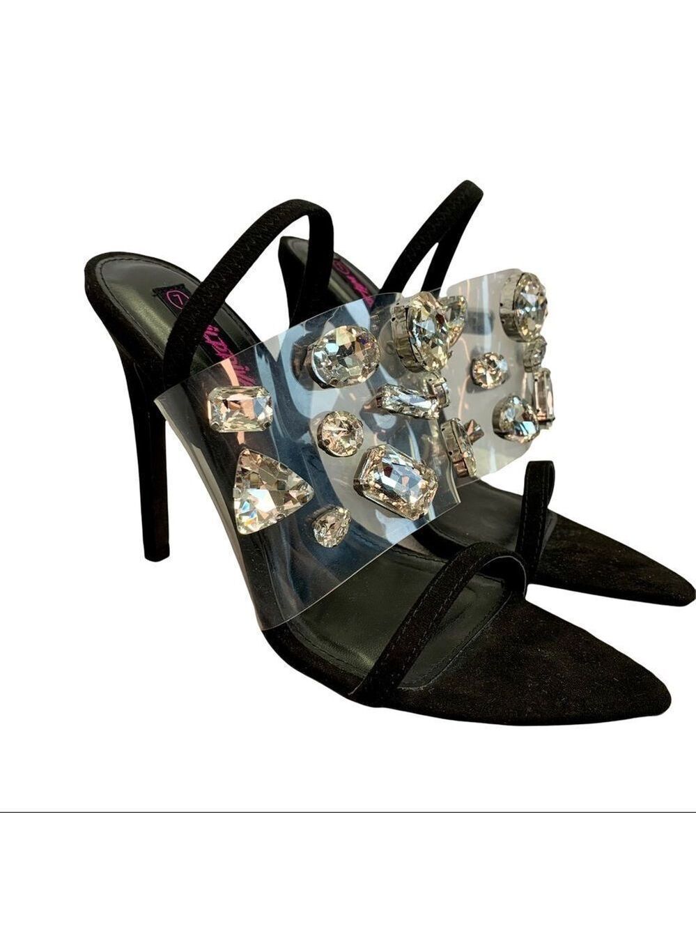 Wild Diva NWOB Black clear plastic Rhinestone Embellished sling back high heel 7